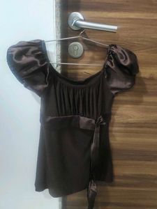 Stylish Brown Satin Top with Puff Sleeves