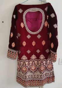 Embroidered Maroon Velvet Kurta