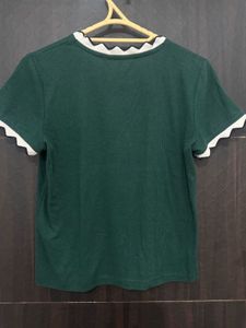Ribbed Green Top with Scalloped Trim