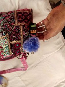 Cute Patchwork Handbag with Pom Po