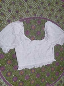 White Smocked Puff Sleeve Crop Top