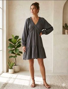 Chic Grey V-Neck Tiered Mini Dress
