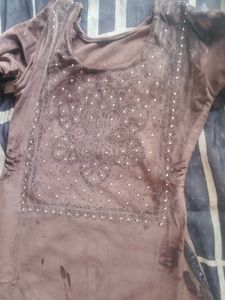 Embellished Brown Velvet Kurta Set