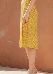 Yellow Floral Midi Skirt with Slit