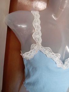 Blue Lace Trim Cropped Cami Tank Top