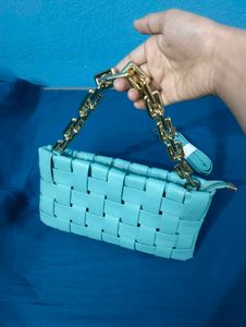 Light Blue Woven Clutch with Gold Chain