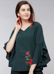 sale🆘 Green Embroidered Ruffle Sleeve top