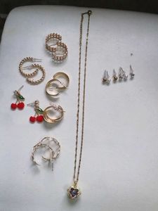 golden heart pendant with earrings set