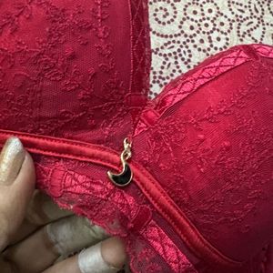 Lace Padded Non Wired push up Red Bra