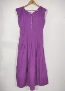 Embroidery Purple Ethnic Gown With Elastic Waist And Cap Sleeves (Women's)