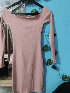 Ribbed Off-Shoulder Pink Dress