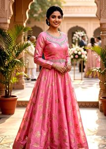 Women’s Pink Anarkali Gown with Golden Floral Prin