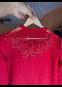 Red Embellished Neck Blouse