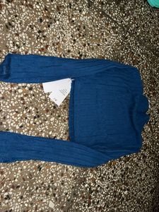 Blue Textured Cropped Turtleneck Top