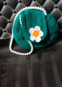 Crocheted Green Daisy Bag with Pearl Strap
