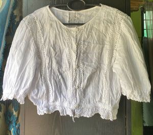 White Lace Trimmed Cropped Blouse
