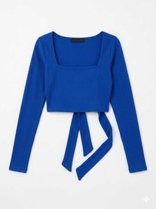 Mwb Blue Ribbed Crop Top with Tie