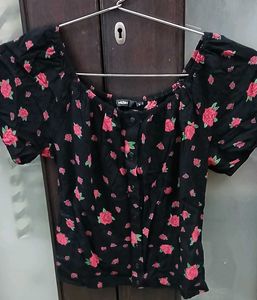 Black Floral Print Puff Sleeve Top for Summer