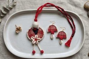 Handmade Red Plaid Necklace & Earring Set