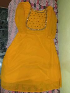 Yellow Kurta with Embellished Neckline