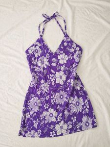 Purple Floral Halter Neck Short Kurti