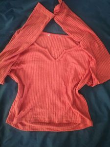 Ribbed V-Neck Long Sleeve Top
