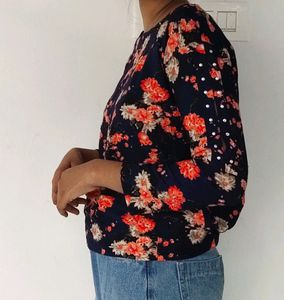 Blue And Peach Floral Print Western Top XXL Size