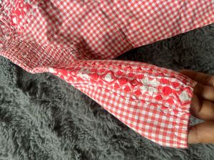 Imported Cute Red Gingham Top with Embroidery