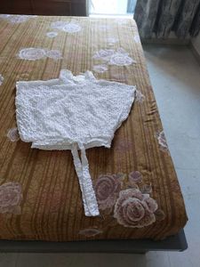 White Textured Cropped Top with Tie