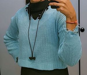 Chic Blue Distressed Knit Sweater