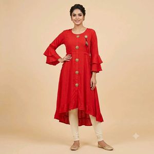 Elegant Red Kurta with Ruffled Sleeves