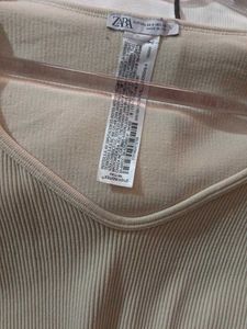 ZARA Ribbed V-Neck Full Sleeve Crop Top | Beige/Cr