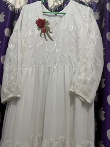 White Tiered Embroidered Gown with Red Scarf