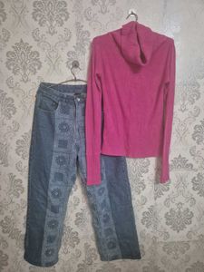 Pink Turtleneck Sweater &amp; Patchwork Jeans