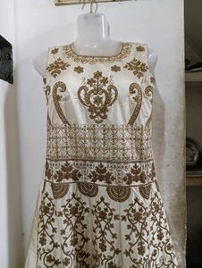 Elegant Cream &amp; Brown Patterned Dress