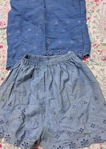 Chic Blue Embroidered Denim Skirt Set
