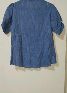 Blue Denim Style Button-Down Top | Casual Wear