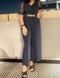 Navy Blue Jumpsuit with Puff Sleeves