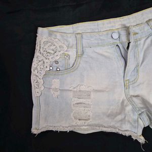 Distressed Denim Shorts with Lace y2k