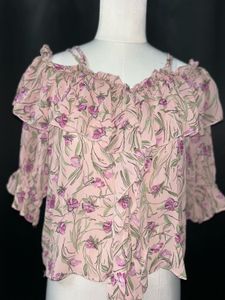 Pink Floral Cold Shoulder Ruffle Top