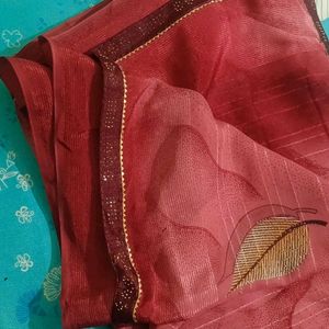 Beautiful Red Saree with Leaf Print