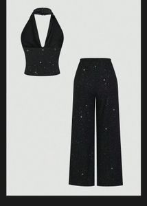 Sparkly Halter Neck Top & Wide Leg Pants Set