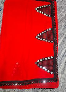 Vibrant Red Saree with Black Embellished Blouse