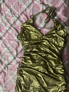 Metallic Ruched Halter Dress