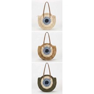 Straw Round Tote Bag with Blue Eye Design