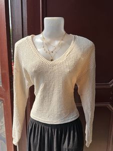 Cream Waffle Knit V-Neck Top