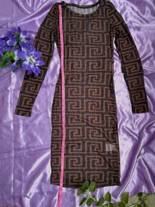 Brown Geometric Print Mesh Dress