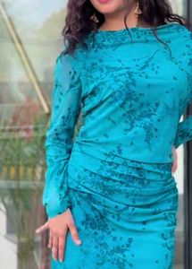 Blue Floral Print Ruched Dress