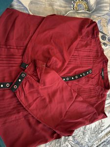 Maroon Pleated Blouse with Button Detail