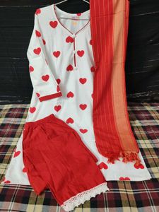 White Kurta Set with Red Hearts
